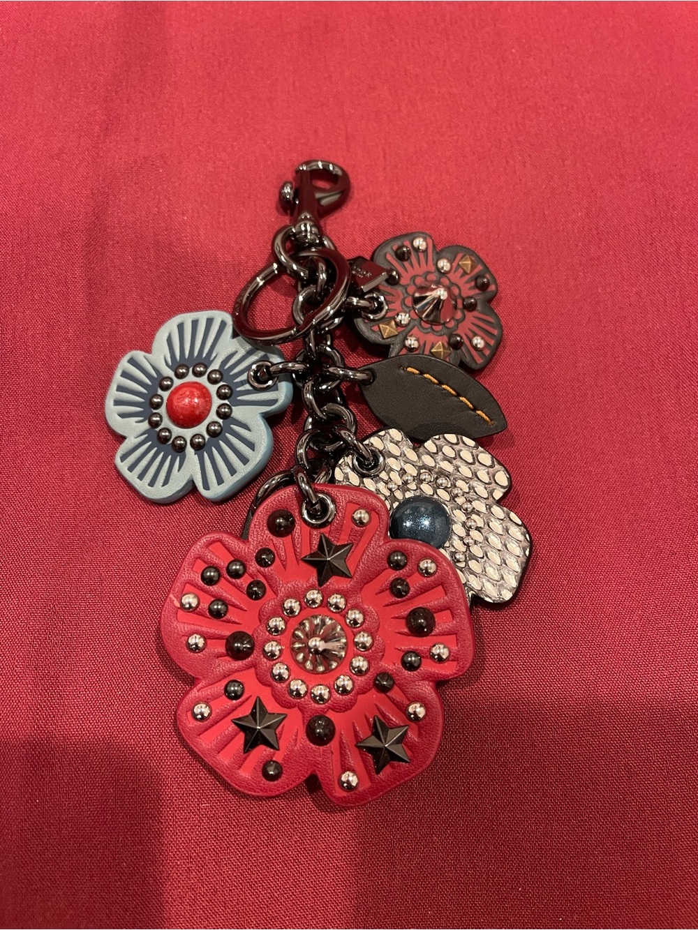 Coach Floral Leather Charm Keyring - Red, Light Blue & Black